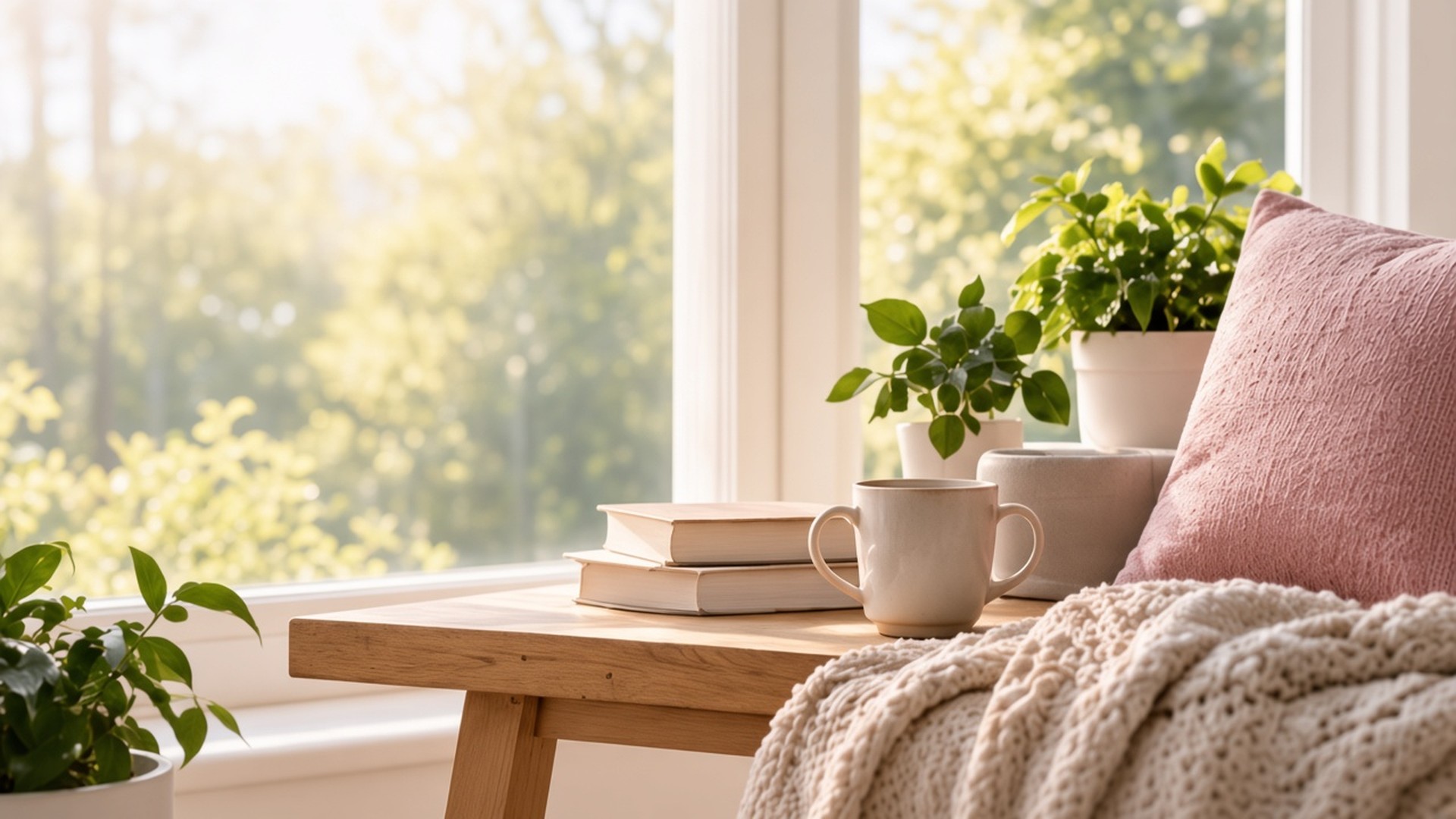 A sunny window table with books, a ceramic mug, a knit blanket, and a pink pillow