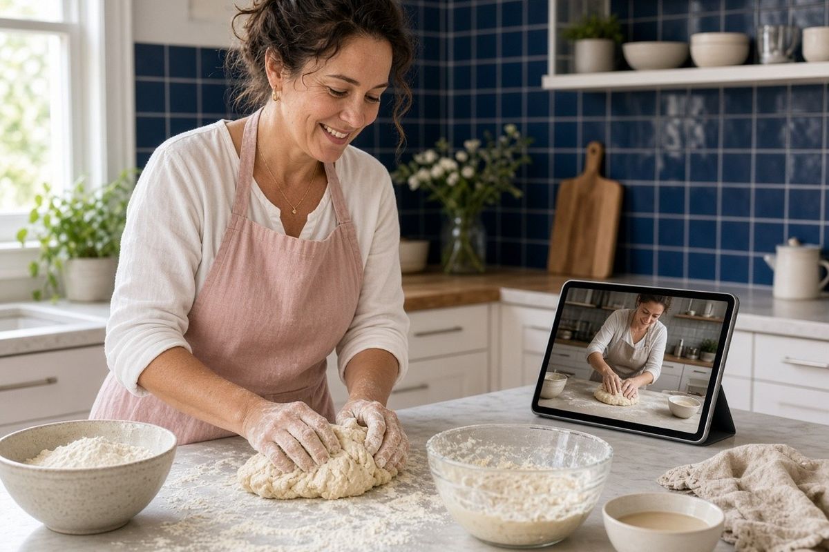 A woman teaching bread baking over a tablet video call