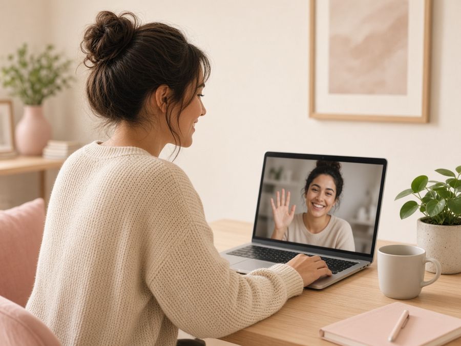 A smiling woman on a friendly video call at home
