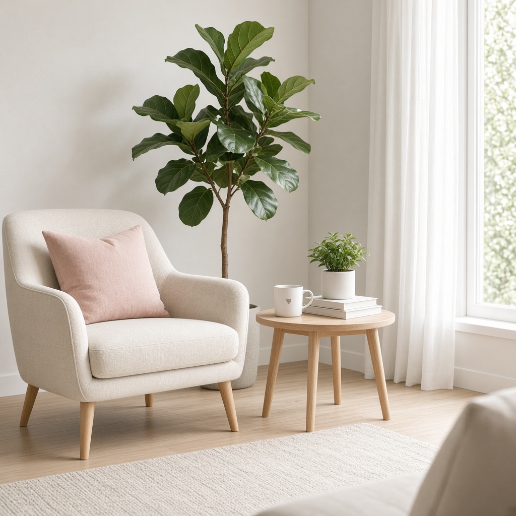 A cream armchair with a blush pillow, plants, books, and a mug in a bright living room