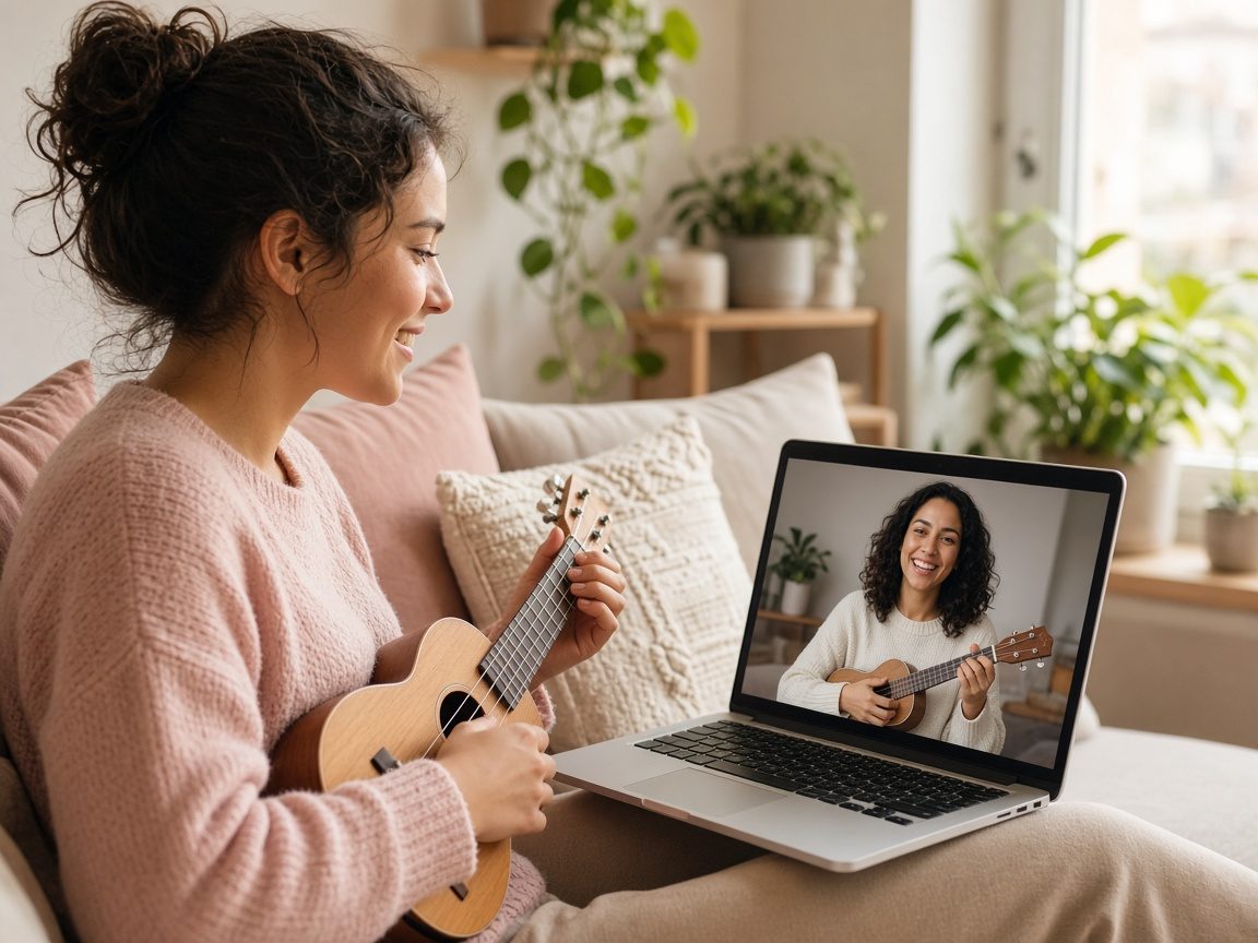 A woman learning ukulele from a teacher on a video call