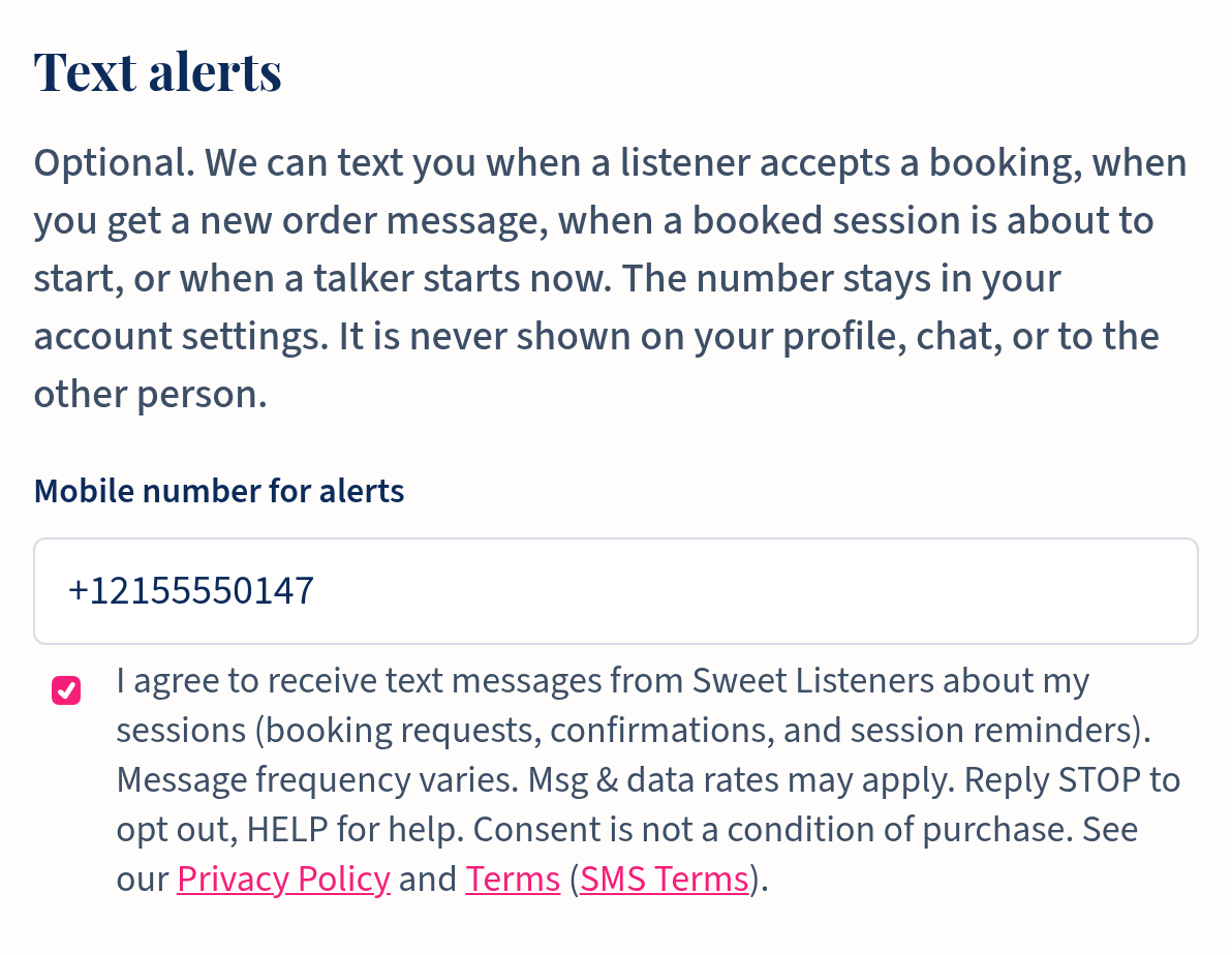 Sweet Listeners account settings with mobile number field and SMS consent checkbox
