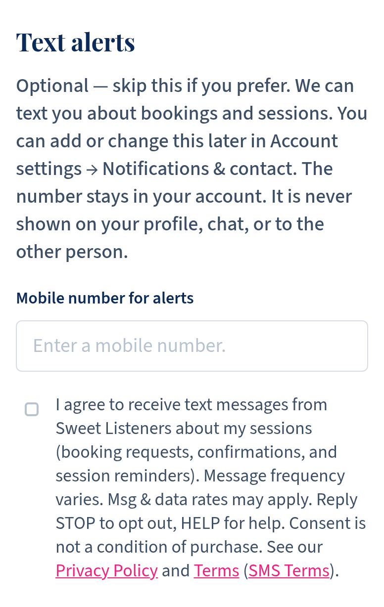 Sweet Listeners signup form with mobile number field and unchecked SMS consent checkbox